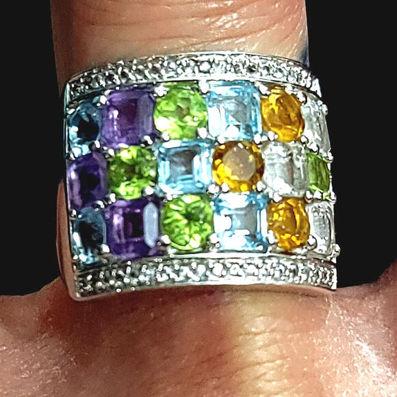 Wide Sterling Silver Gemstone Cocktail Ring Size 9
